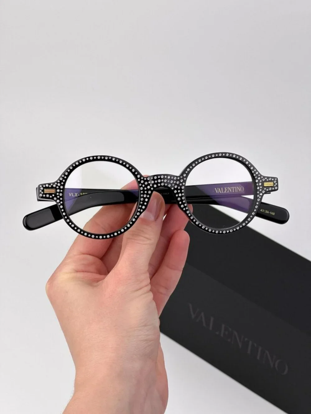 Valentino VLX-185 B Round Eyeglasses – Black with White Crystal Stones (Women)
